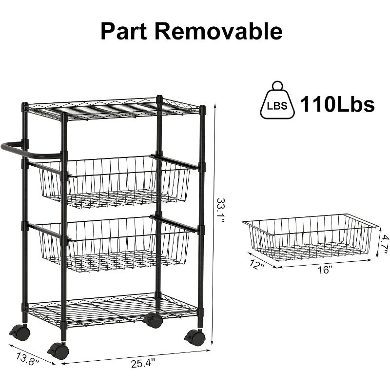 4 Tier Rolling Carts, Metal Wire Utility Cart with Wheels & Handle Bar, 110Lbs Heavy Duty Serving Trolley Storage Cart for Restaurant, Kitchen, Black