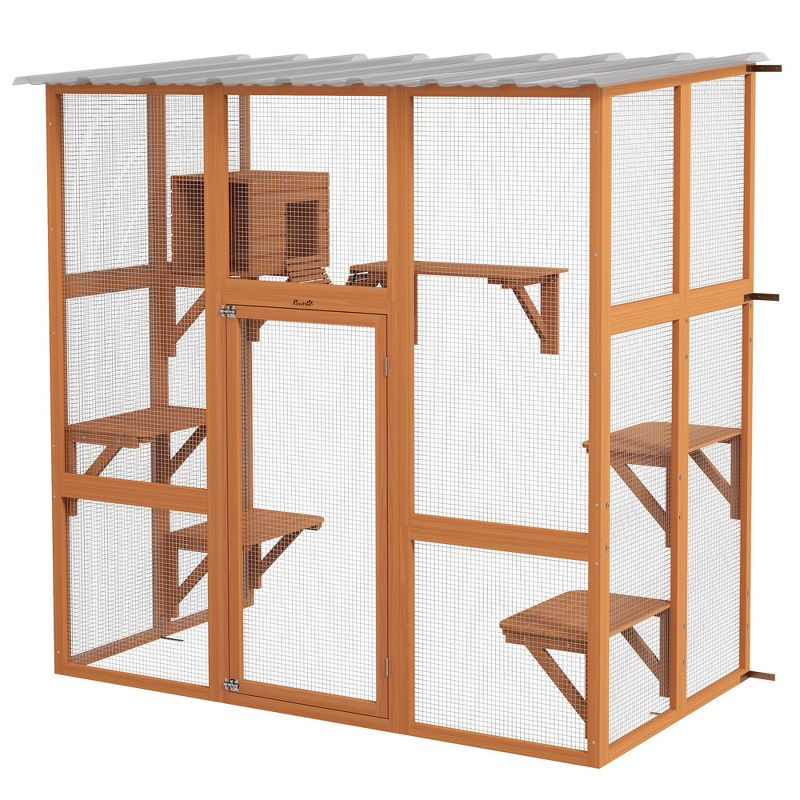 PawHut Catio, Outdoor Cat Enclosure Window Box Wooden Cat House w/ Weather Protection Roof for 2 Kitties with Resting Box, Platforms & Bridge