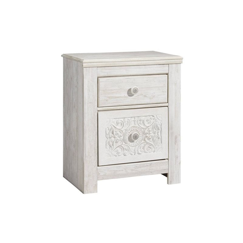 Paxberry Two Drawer Nightstand White Wash - Signature Design by Ashley: Traditional Style, USB Port, Storage Function
