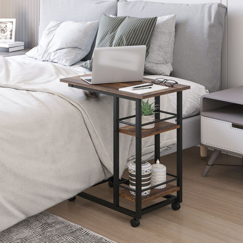 HOMCOM C Shaped End Table with Storage Shelves, Mobile Side Table with Wheels for Sofa Couch, Bed, Metal Frame