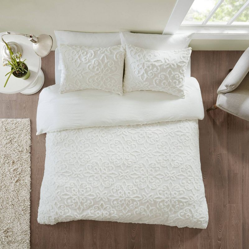 Amber King/California King 3pc Tufted Cotton Chenille Duvet Cover Set White: Madison Park, OEKO-TEX Certified, Shabby Chic Style