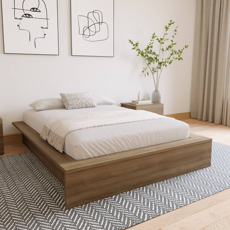Nexera Full James Platform Bed Brown Oak: Modern Unupholstered Particle Board Frame, No Box Spring Needed