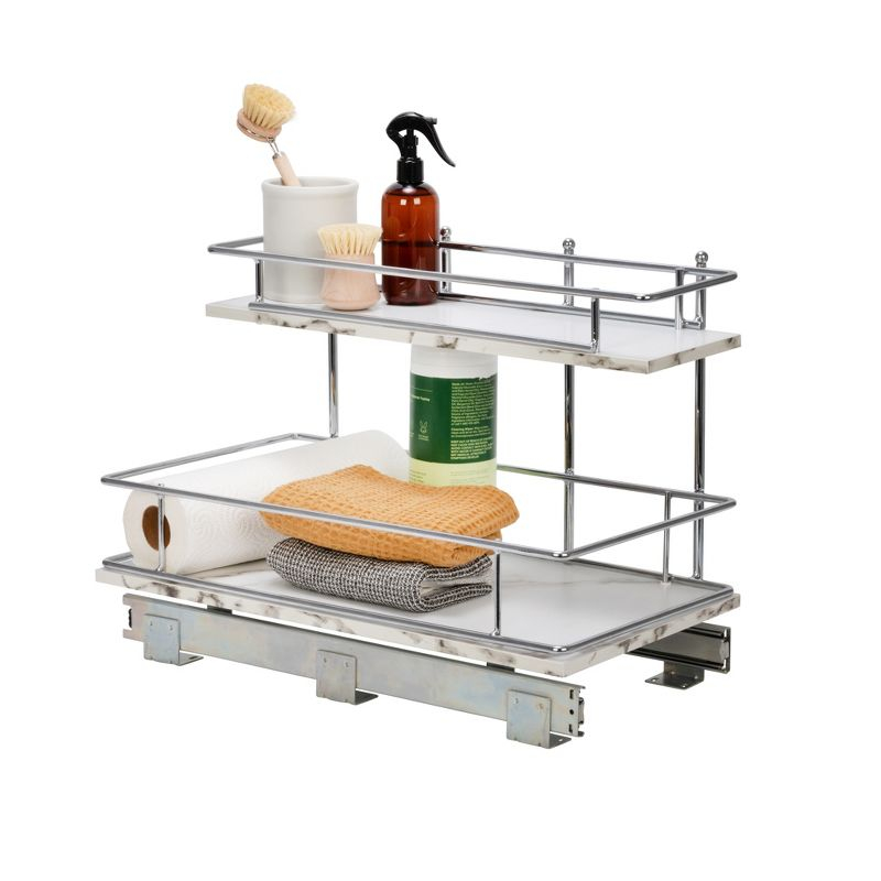 Glidez Chrome-Plated Steel and Faux Marble Pull-Out/Slide-Out Storage Organizer for Under Sink or Cabinet - 2-Tier Design - White and Chrome