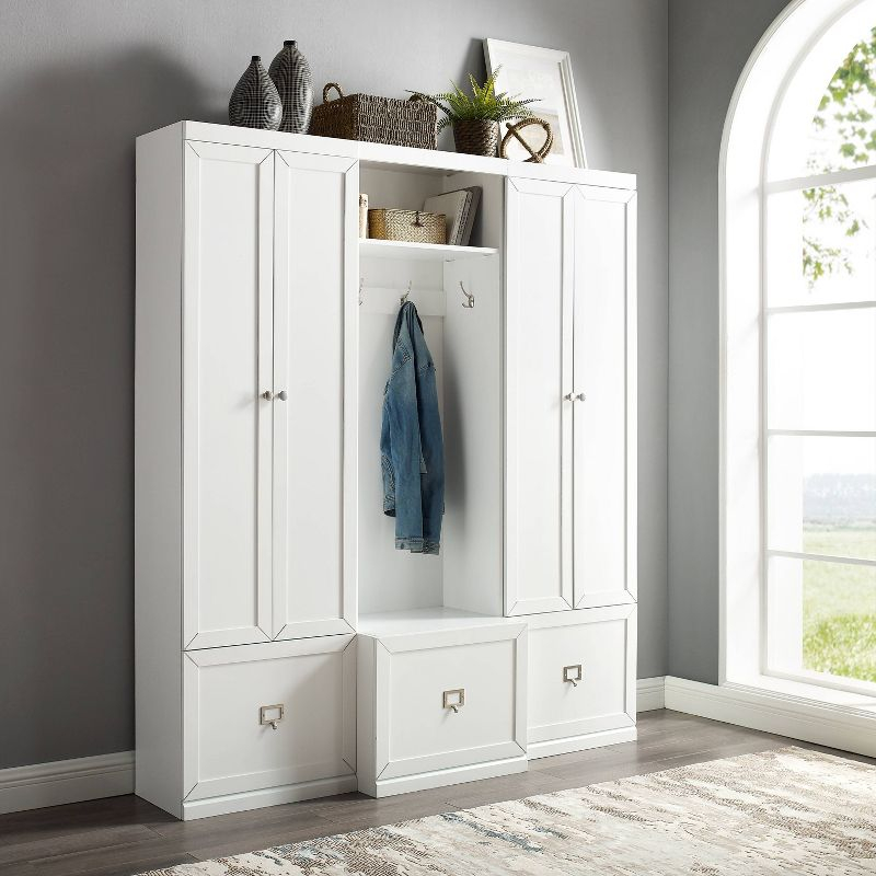 Crosley 3pc Harper Entryway Hall Tree and 2 Pantry Closet Set White : Mudroom Organizer with Storage Hooks