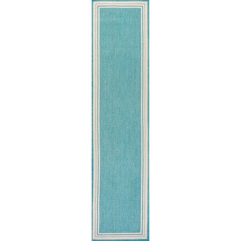 2' x 8' James Modern Border Stripe Indoor/Outdoor Runner Rug, Aqua/Beige - JONATHAN Y