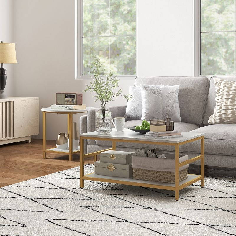 HOMCOM Coffee Tables Set of 2, Rectangle and Round Coffee Table with Storage Shelves, Faux Marble Top and Steel Frame, White