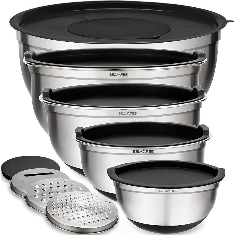 Mixing Bowls with Lids Set - Nesting Bowls with Airtight Lids + Graters - Stainless Steel Non-Slip Mixing Bowl for Baking, (Black, 5-Piece Set)