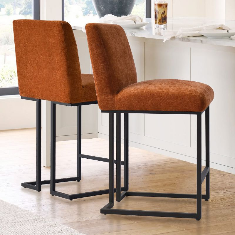 Set of 2 Upholstered Counter Height Bar Stools, 25" Armless Fabric Seat with Black Metal Sled Legs for Kitchen Island & Home Bar-Maison Boucle