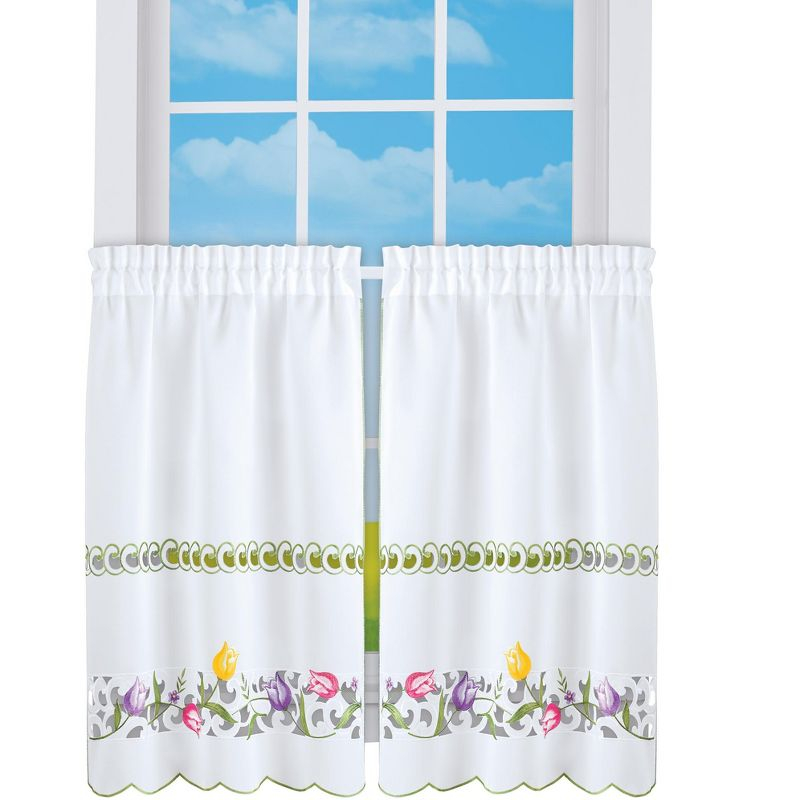 Collections Etc Embroidered Tulips Café Kitchen Curtains 36"L Tiers