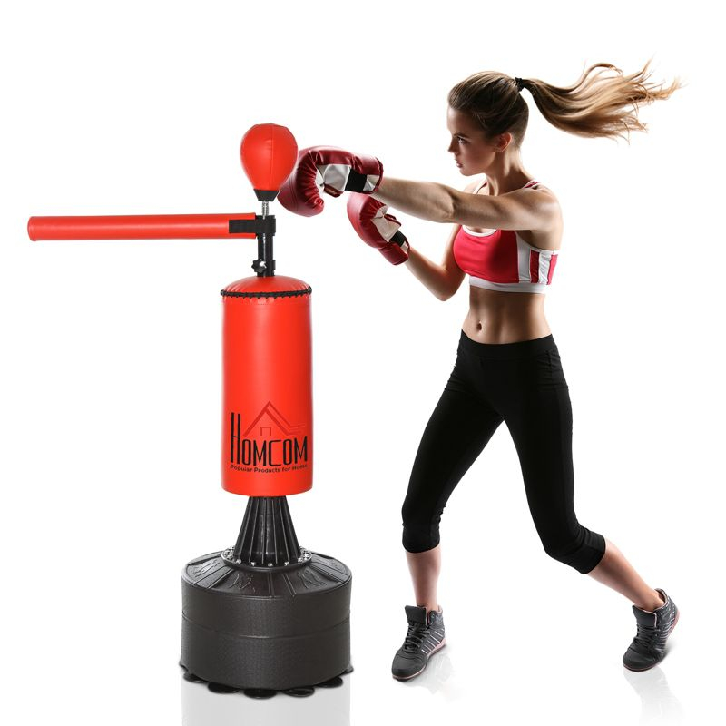Soozier Boxing Speed Punch Bag Freestanding with Reflex Bar and Gloves Rotating Flexible Arm, Speed Ball, Waterable Base for Adult & Kids, Red