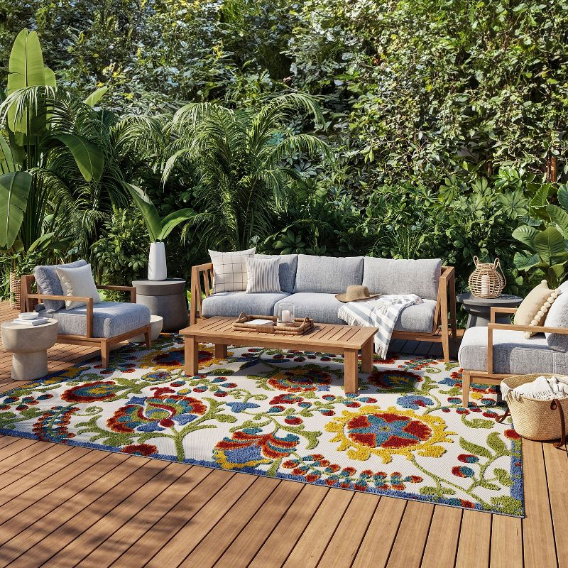 Nourison Aloha Floral Textured Flatweave High-Low Indoor Outdoor Area Rug Ivory/Multi 12' x 15'