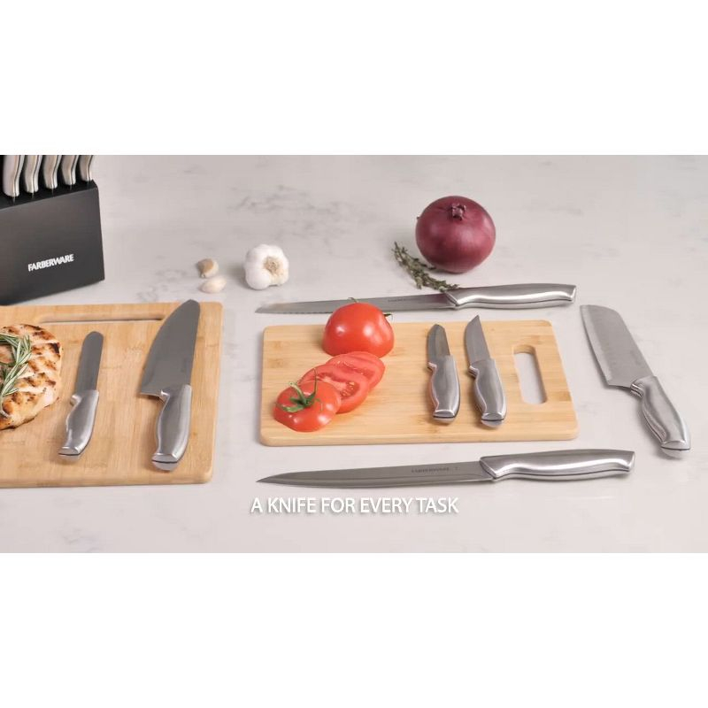 Farberware 15pc Stainless Steel Knife Block Set: Kitchen Knife Set with Block, Serrated Blades, Hand Wash, Silver