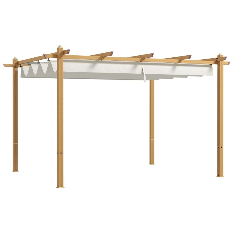 Outsunny 10' x 12' Outdoor Retractable Pergola, Heavy Duty Wood Grain Aluminum with Weather Resistant Fabric Sun Shade Canopy, Patio Shelter, Cream