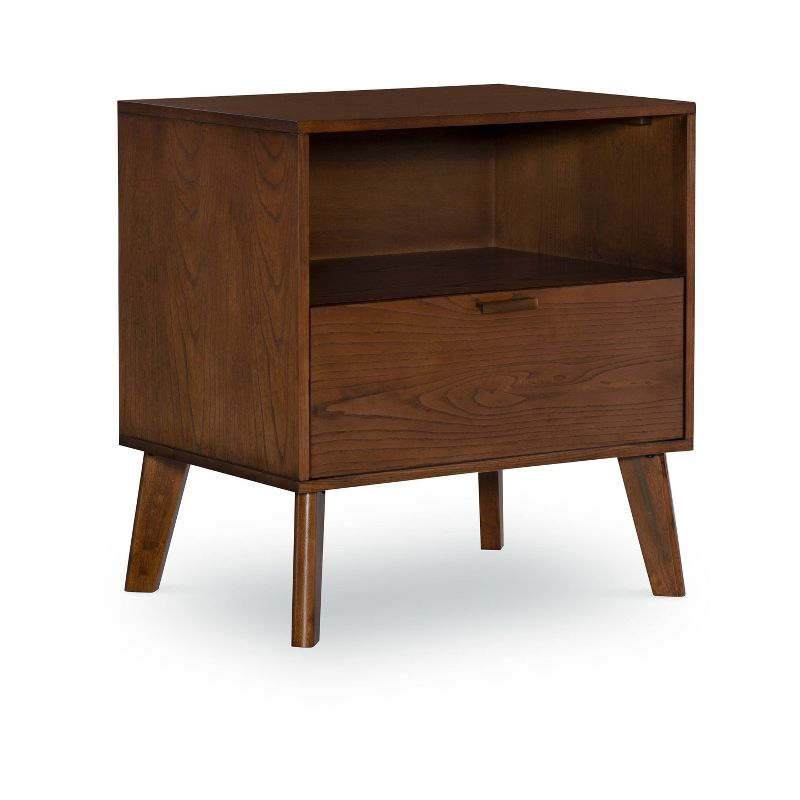 Reid Mid-Century Modern Wood 1 Drawer Nightstand Walnut - Linon: Bedside Table with Shelf & Storage