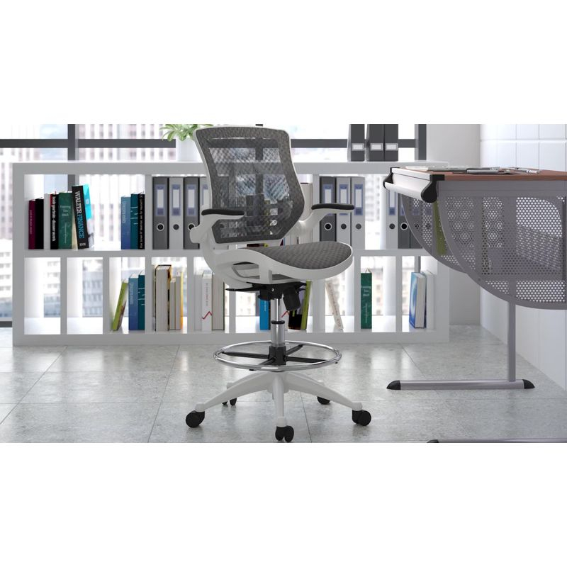 Emma and Oliver Gray Mid-Back Mesh Drafting Chair with White Frame and Flip-Up Arms