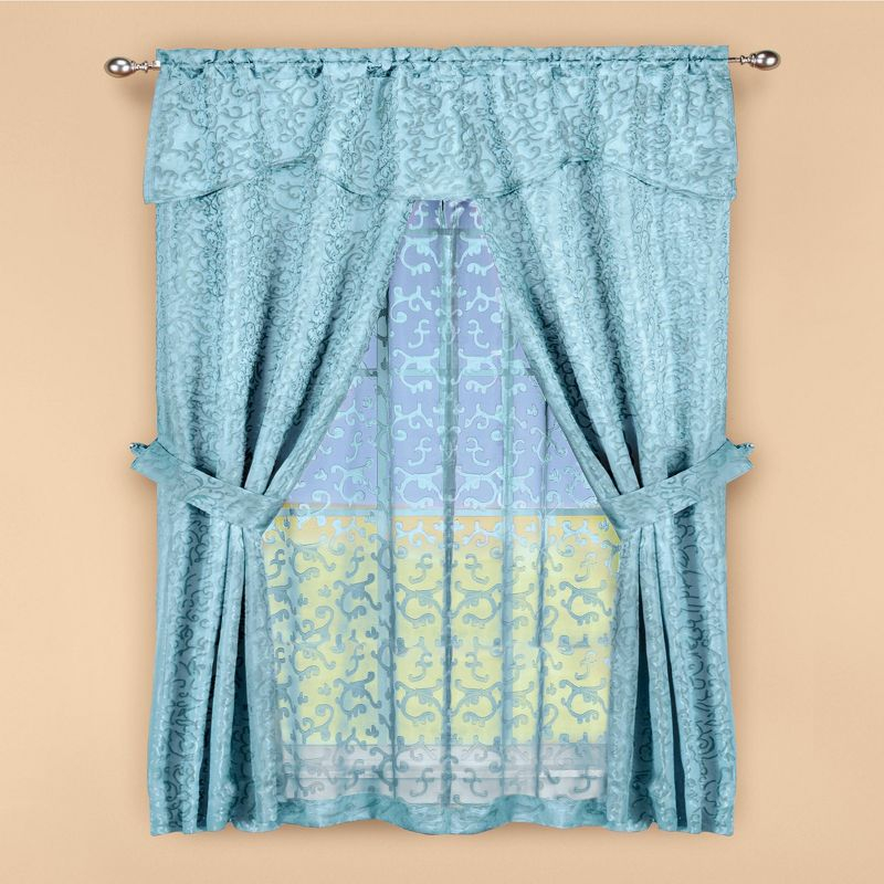 Collections Etc Insulated Scrolling Design Sheer Window Curtain Set with Tie Backs 54" x 63" Blue