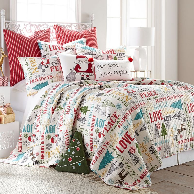 Santa Claus Lane Holiday Quilt Set - One King Quilt and Two King Pillow Shams White - Levtex Home