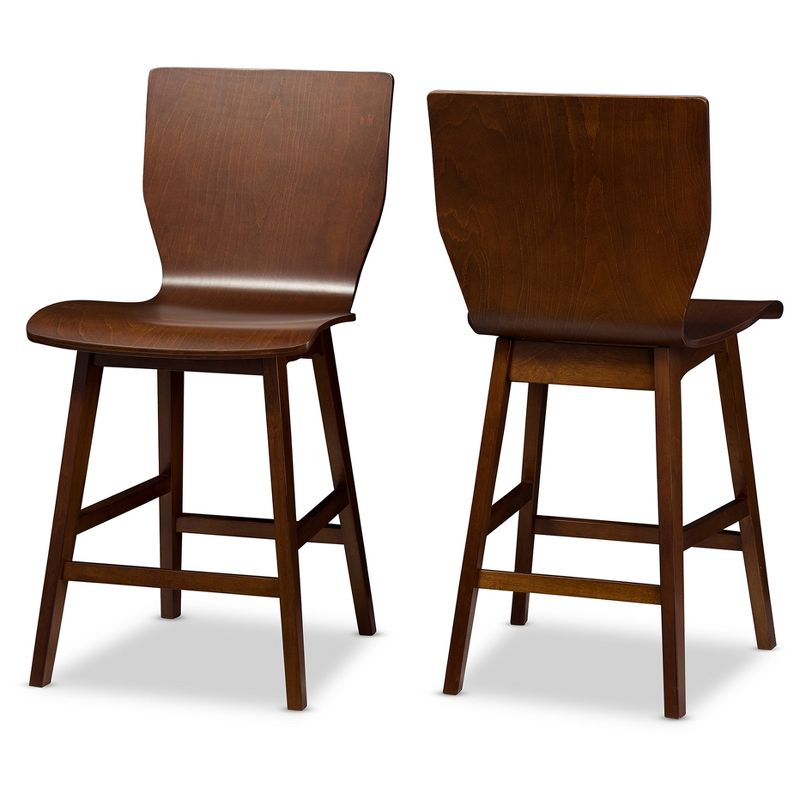 Set of 2 Elsa Mid - Century Modern Scandinavian Style Bent Wood Counter Height Barstool - "Walnut" Dark Brown - Baxton Studio