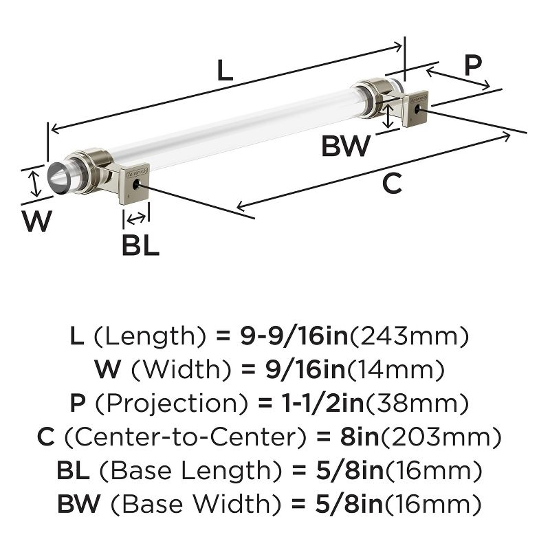 Amerock Glacio 8 inch (203mm) Center-to-Center Clear/Polished Nickel Cabinet Pull