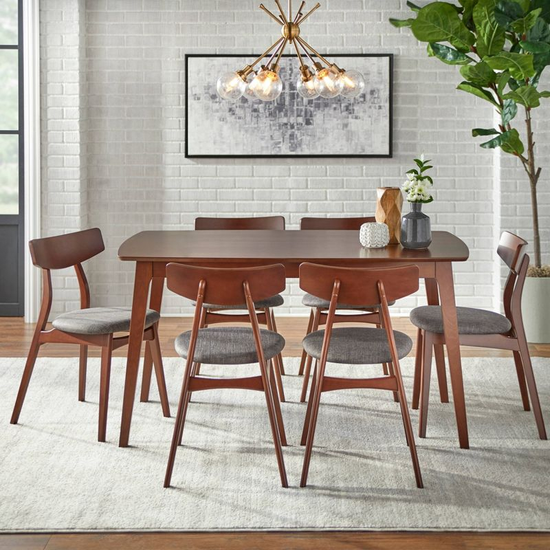7pc Archer Rectangular Dining Set Walnut/Gray - Buylateral: Mid-Century Modern, Polyester Upholstery, Wood Frame