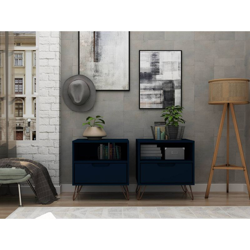Set of 2 Rockefeller 1 Drawer Nightstands Tatiana Midnight Blue - Manhattan Comfort