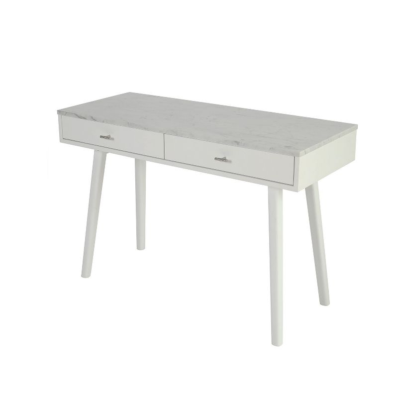 The Bianco Collection Viola 44" Rectangular Italian Carrara White Marble Writing Desk with White Legs