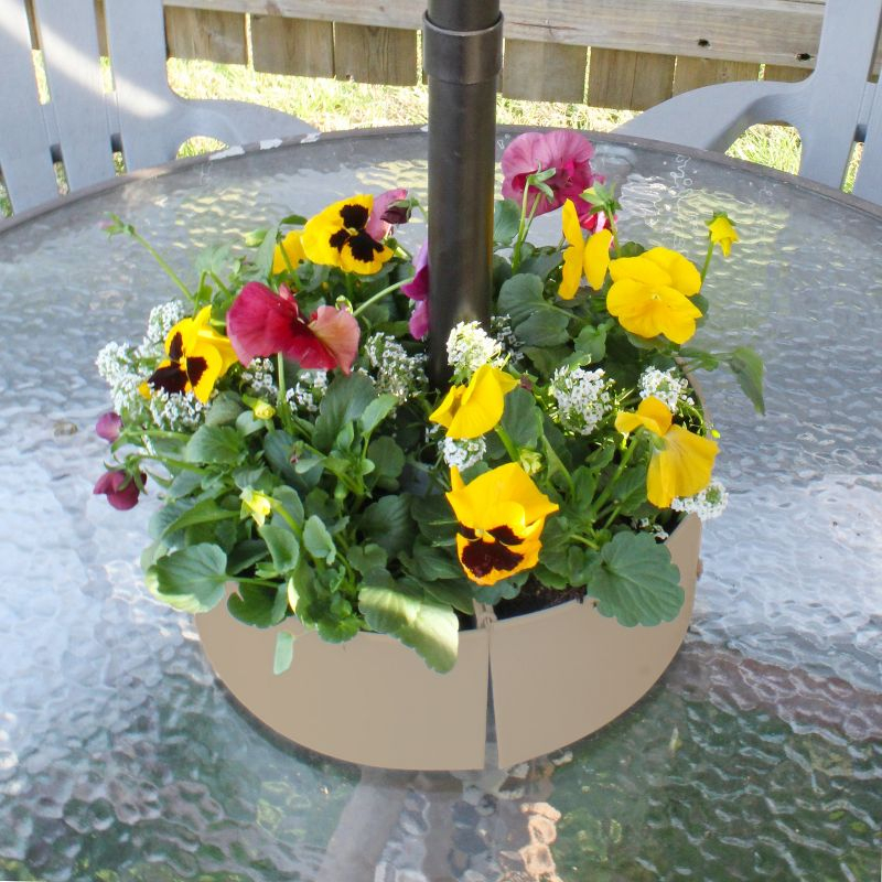 AuldHome Design Greige Round Umbrella Planter for Patio Table, Enamelware Half-Circle Planter Pots
