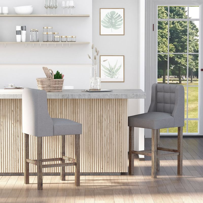 HOMCOM Counter Height Bar Stools, Tufted Upholstered Barstools, Pub Chairs with Back, Rubber Wood Legs for Kitchen, Dinning Room, Set of 2, Gray