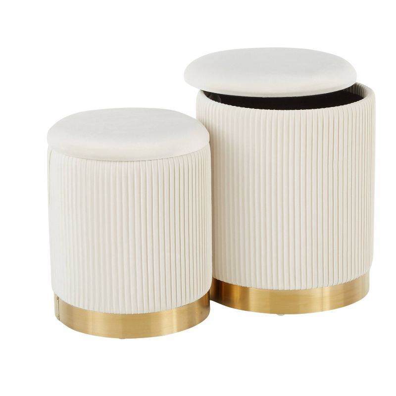 Marla Contemporary Nesting Pleated Ottoman Set Gold/Cream Velvet - LumiSource: Upholstered Storage, Metal Frame, No Assembly Required