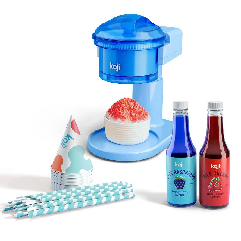 Koji Snow Cone Maker Set: Blue Plastic Shaved Ice Machine & Slushie Maker, Hand Wash, 30W, 6-Volume Capacity