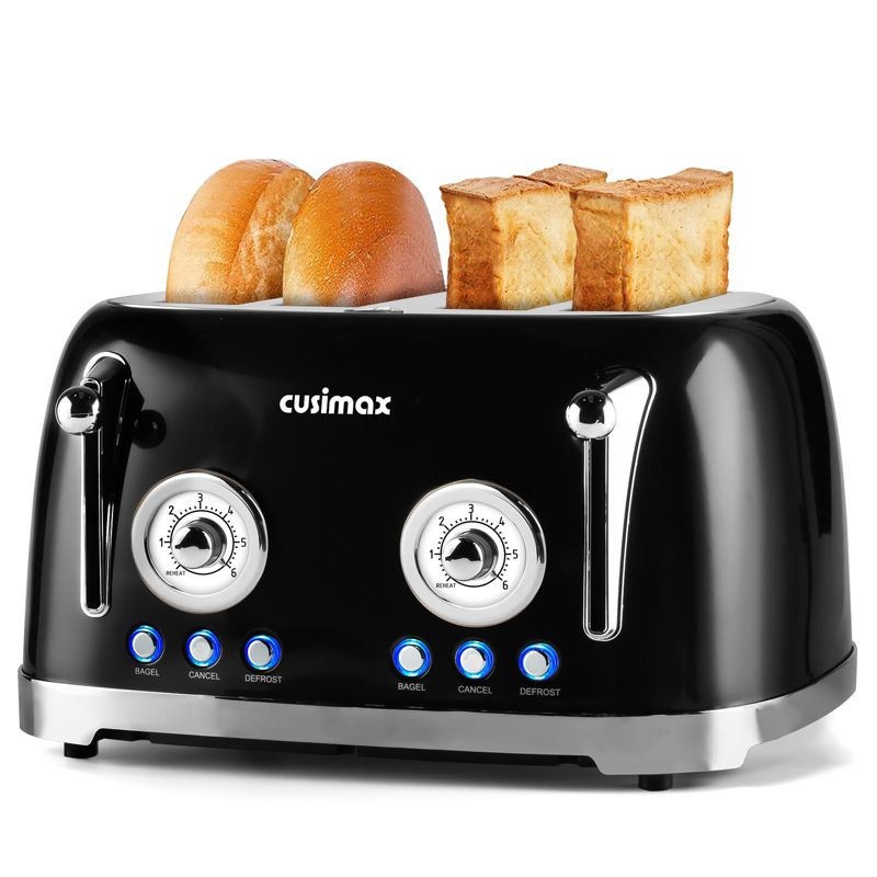 CUSIMAX 4-Slice Retro Toaster, Wide Slots for Bagels, 6 Toast Settings, Dual Controls, Black