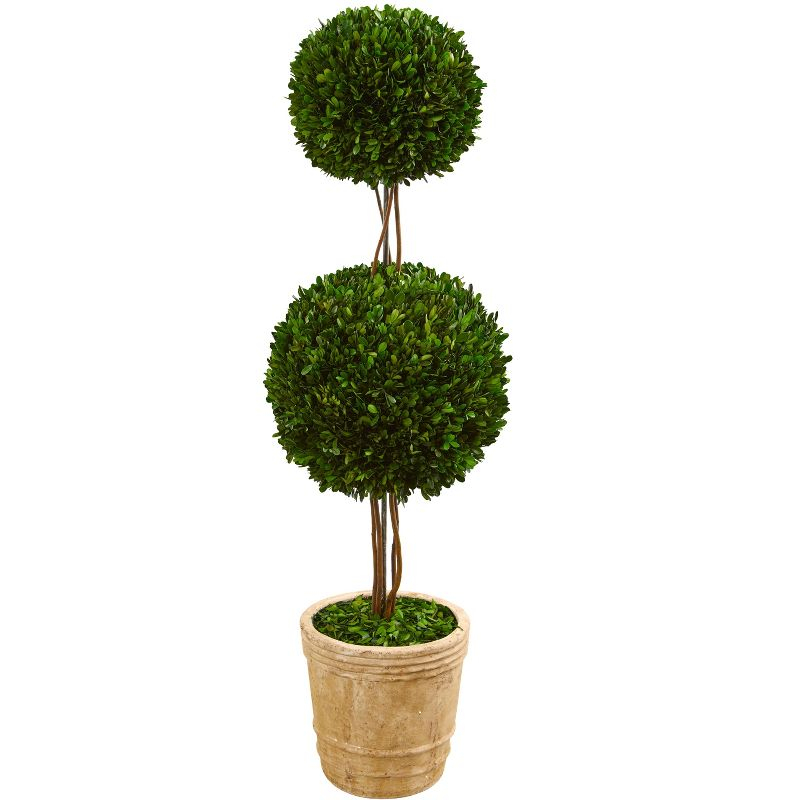 Nearly Natural 4-ft Preserved Boxwood Double Ball Topiary Tree in Planter