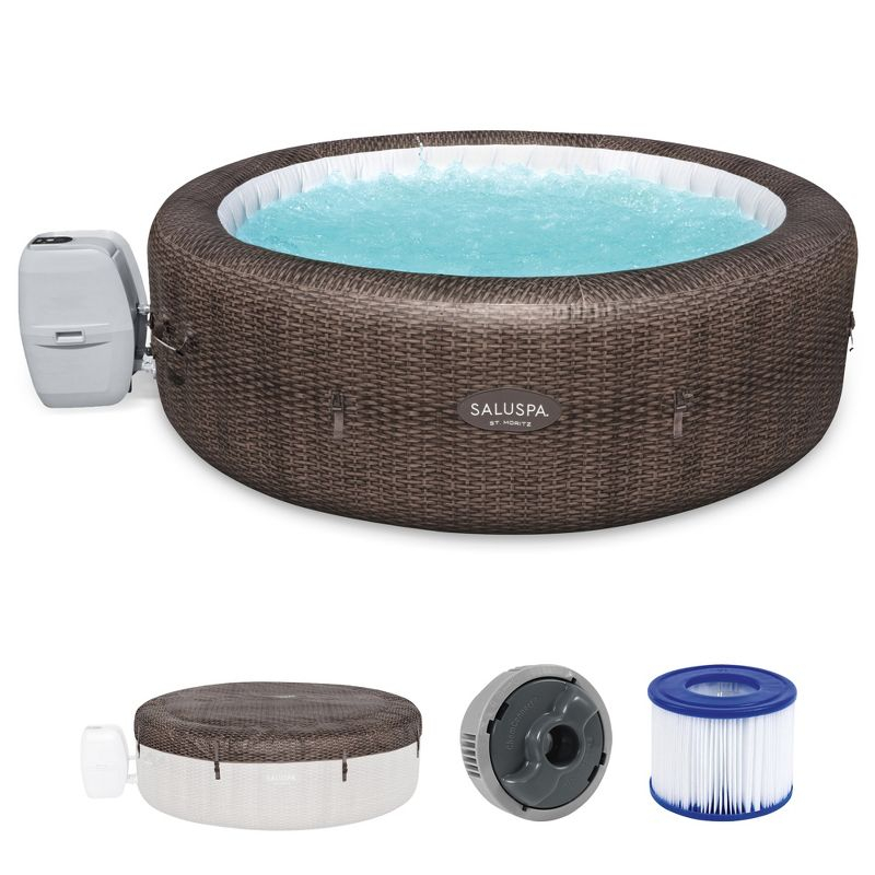 Bestway SaluSpa St. Moritz AirJet 2 to 7 Person Inflatable Hot Tub Round Portable Outdoor Spa with 180 Soothing AirJets and Cover, Brown