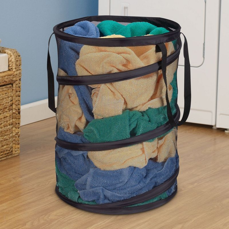 Pop-Up Mesh Laundry Hamper, Springform Steel Frame, Mesh Lining for Air Circulation, Large Capacity, Easy Set-Up, Compact Storage, Black