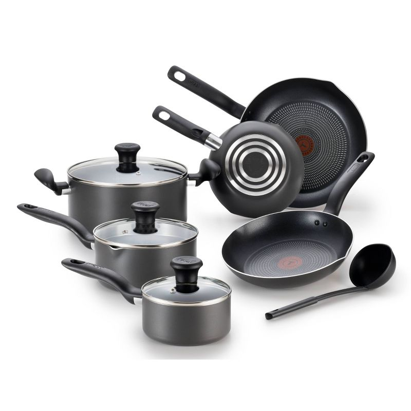 T-fal 10pc Initiatives Nonstick Cookware Set Black: Tempered Glass Lids, Stay-Cool Handles, Dishwasher & Oven Safe