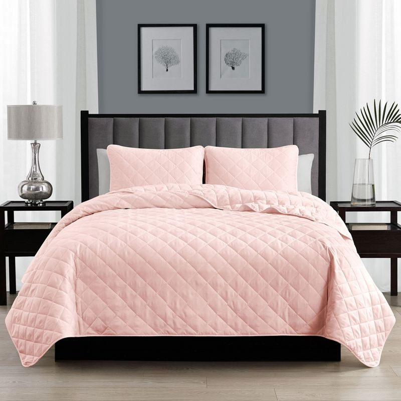 Swift Home | Essential Diamond Stitched 3-Piece Quilt Set Rose Blush Full/Queen