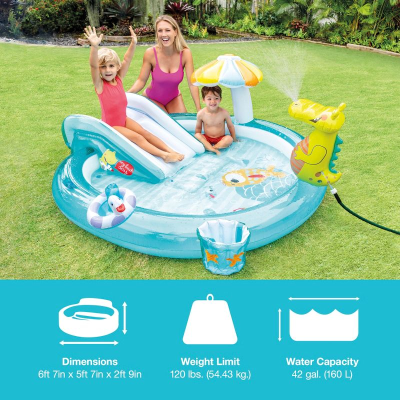 Intex 57165EP Gator 6.6ft x 5.6ft x 4in Outdoor Inflatable Kiddie Pool Water Play Center with Slide, for Toddlers Ages 2 and Up