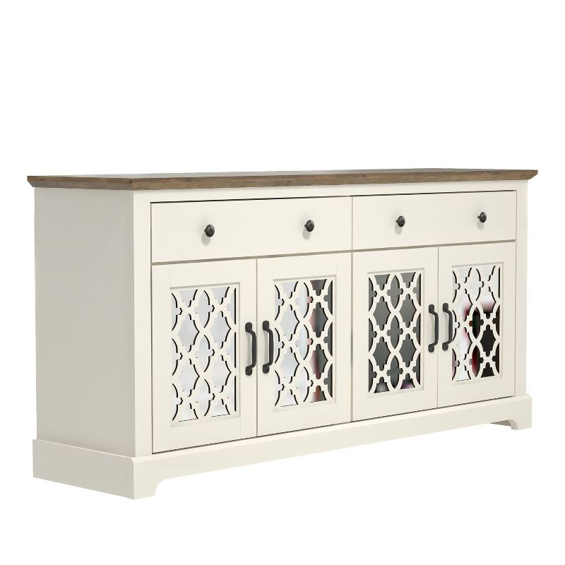 Galano Heron Ivory and Knotty Oak Wood 59.1in. 4 Door Wide Sideboard with Adjustable Shelves and Drawers Galano