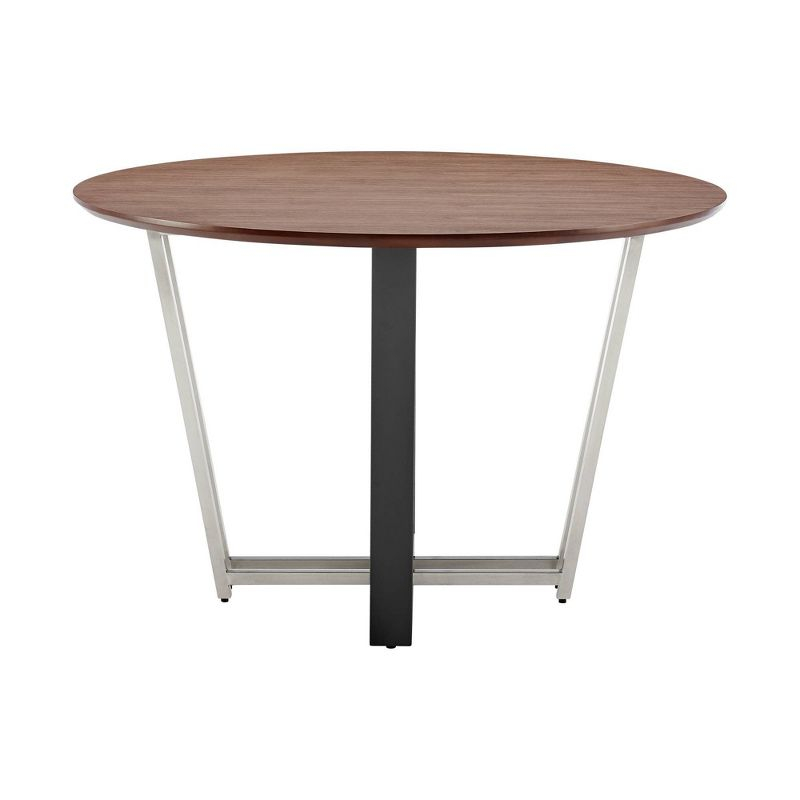 Armen Living 48" Joana Round Brushed Stainless Steel Iron Base with Tabletop Dining Table Black/Walnut