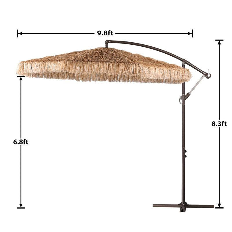 Aoodor 10FT Cantilever Tiki Thatch Patio Umbrella, Hand-Push Tilt Offset Umbrella for Outdoor, Natural Straw Look (No Base)