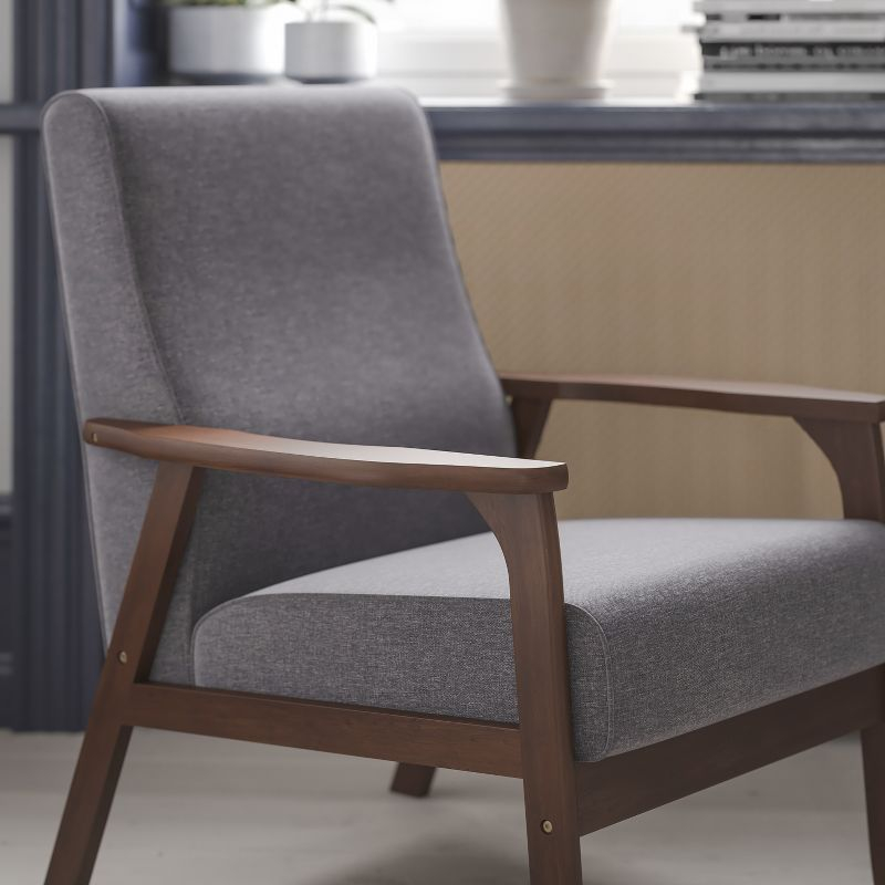 Flash Furniture Langston Commercial Grade Faux Linen Upholstered Mid Century Modern Arm Chair with Walnut Finished Wooden Frame and Arms in Gray