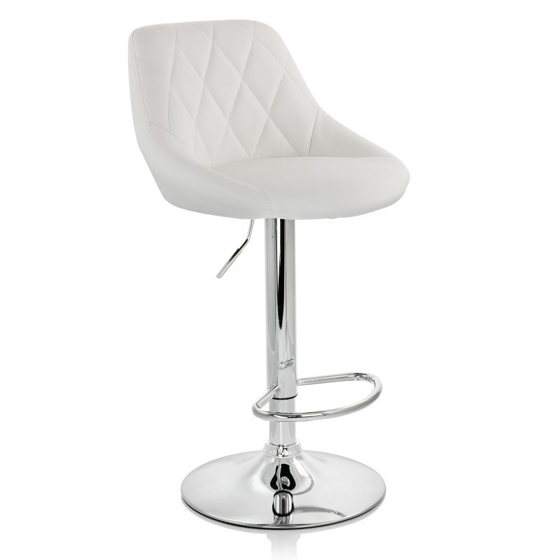 Elama 2 Piece Diamond Stitched Faux Leather Bar Stool in White with Chrome Base  and Adjustable Height