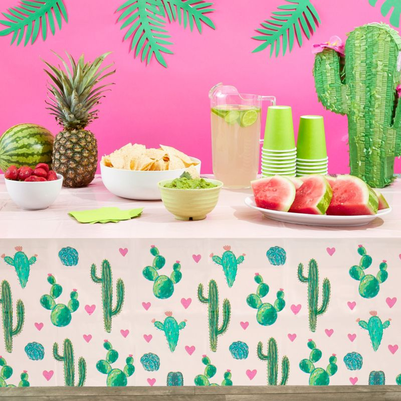 Sparkle and Bash 3 Pack Pink Plastic Cactus Tablecloth for Let's Fiesta Birthday Party Decorations, Baby Shower, 54x108 In