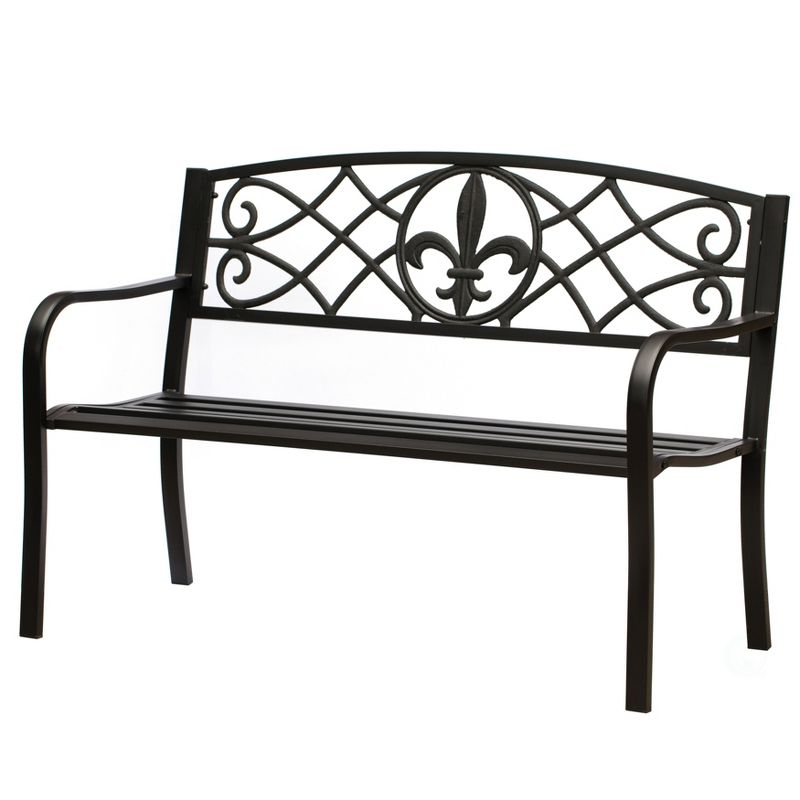 Outdoor Garden Patio Steel Park Bench Lawn Decor with Cast Iron Unique Design Back, Black Seating Bench for Yard, Patio, Garden, Balcony, and Deck