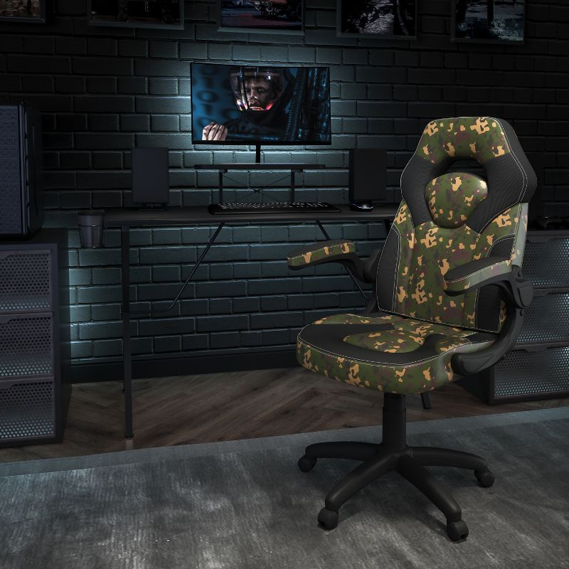 Flash Furniture Black Gaming Desk and Camouflage/Black Racing Chair Set with Cup Holder, Headphone Hook, and Monitor/Smartphone Stand