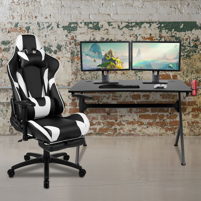 Flash Furniture Black Gaming Desk and Black Footrest Reclining Gaming Chair Set with Cup Holder, Headphone Hook & 2 Wire Management Holes