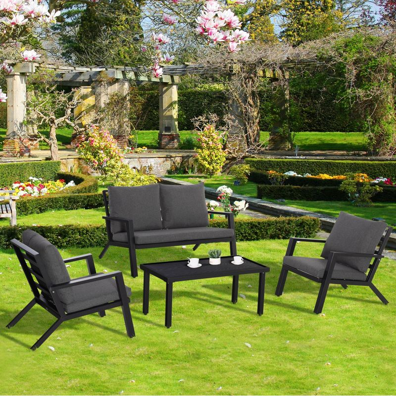 Outsunny 4 Piece Patio Furniture Set, Outdoor Conversation Set w/ Armchairs, Loveseat, Coffee Table and Cushions for Backyard, Poolside, Lawn