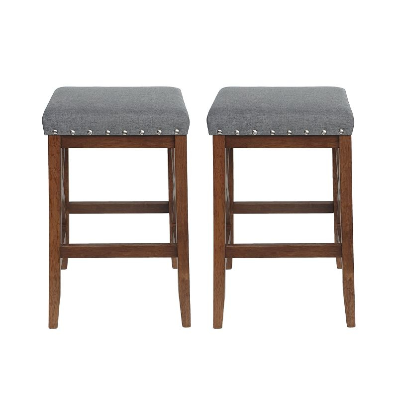 GDFStudio Ropp Farmhouse Fabric Upholstered 29.5 Inch Backless Barstools with Nailhead Trim (Set of 2), Charcoal