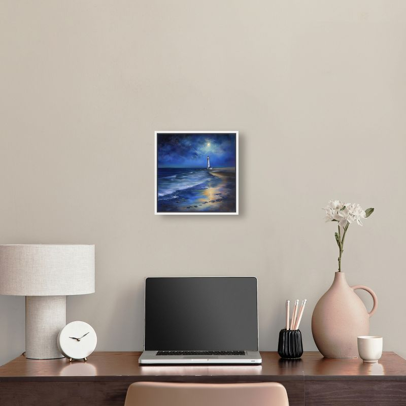 Art Remedy Lighthouse at Night Chic Coastal Wall Art, 12" x 12", White Frame