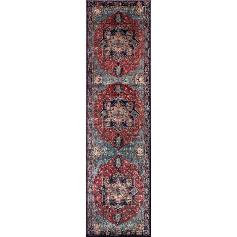 2'3"x8' Karachi Betan Runner Rug Red/Blue - Momeni: Traditional Geometric Indoor Area Rug, Medium Pile, Rubber Backing